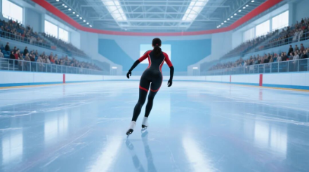 低機位跟隨鏡頭，一個黑發女性運動員在冰場上滑冰，體育館，觀眾，環形冰場，8K,最高畫質，背影，黑紅相間的運動服，立體，3d， (1)_upscayl_2x_ultrasharp 拷貝.jpg